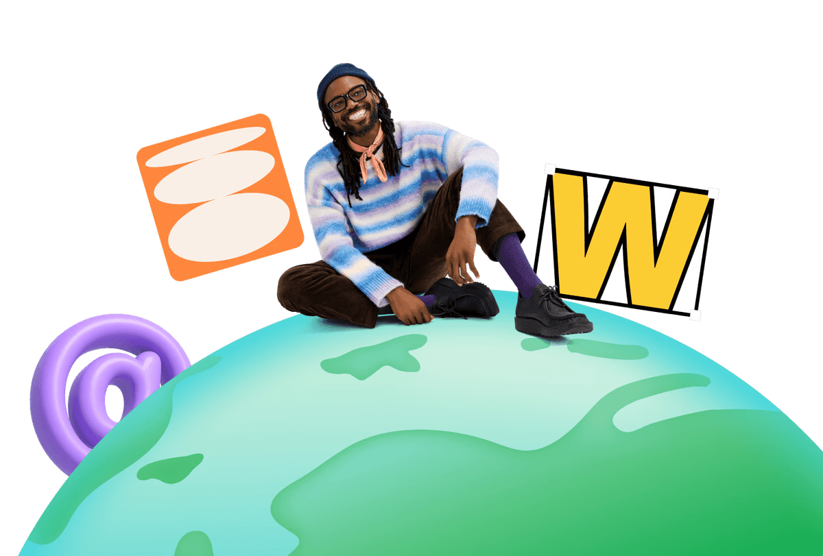 Person sitting on globe with design elements